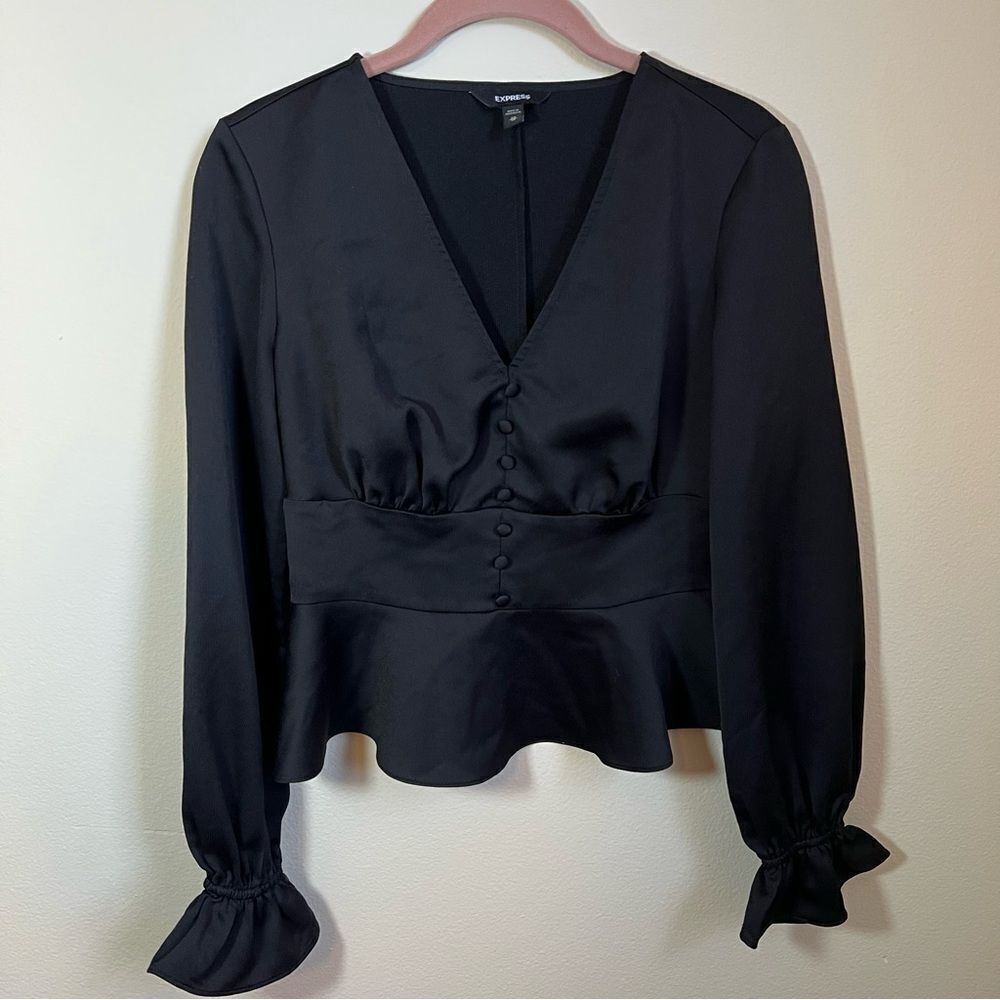 ✨ Express Women’s Black Satin Ruffle Top XS